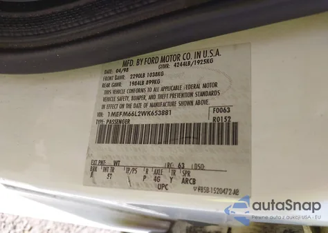 1998 Mercury Mystique Ls from USA, damaged, VIN 1MEFM66L2WK653881